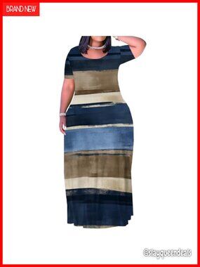 Plus Size Maxi Dress Women Summer Short Sleeve Casual Sundress Loose Fit Striped